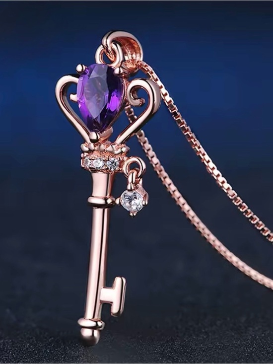 Jewelry - Rose Gold Plated Key Pendant Necklace with Amethyst and Crystal